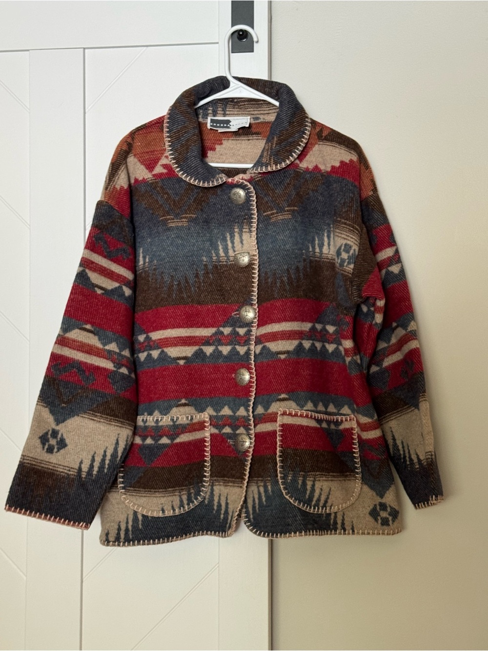 Aztec Pattern Button-Front Jacket - Red, Navy & Tan - Picture 4 of 8